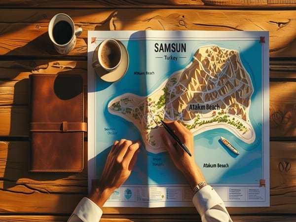 Samsun gezi planı için bir harita, not defteri ve kahve